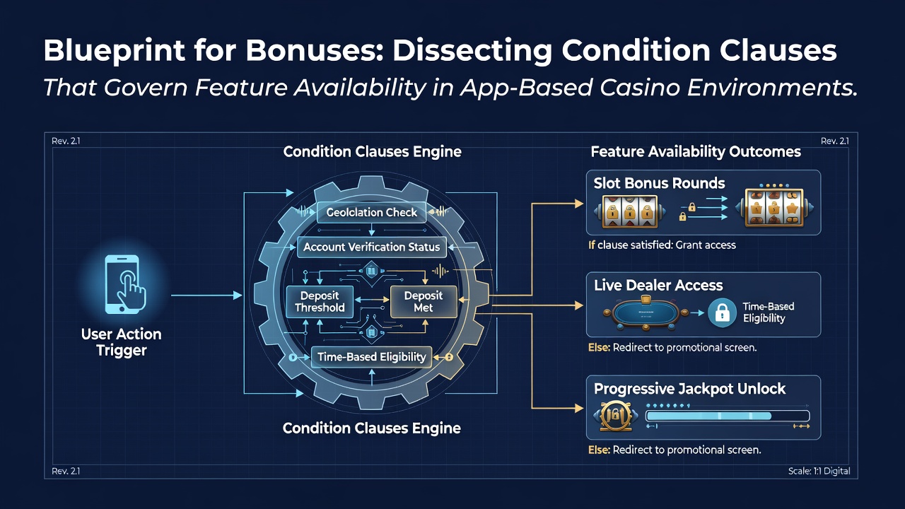 Diagram showing condition clauses and bonus feature availability in app-based casino interfaces