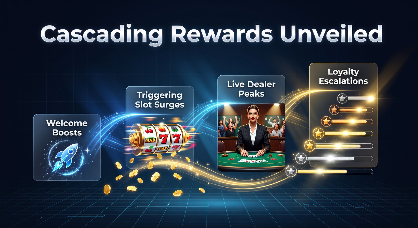 Dynamic cascade of slot reels exploding with wins, transitioning to live dealer tables and glowing loyalty tiers