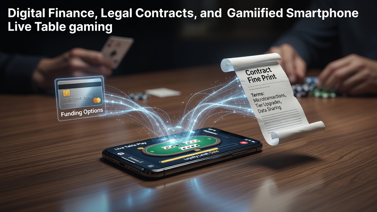 Smartphone displaying live table games alongside payment and terms interface elements
