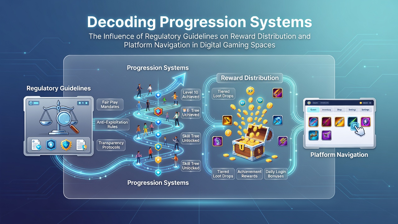 Digital interface showing regulatory compliance elements in online gaming progression systems with reward pathways and navigation flows