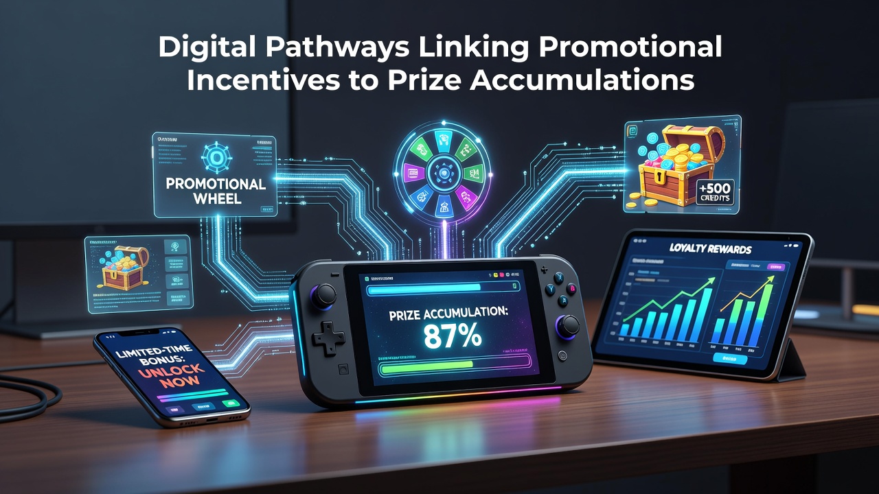 Illustration showing interconnected digital pathways in mobile gaming apps linking promotional incentives to accumulated prizes