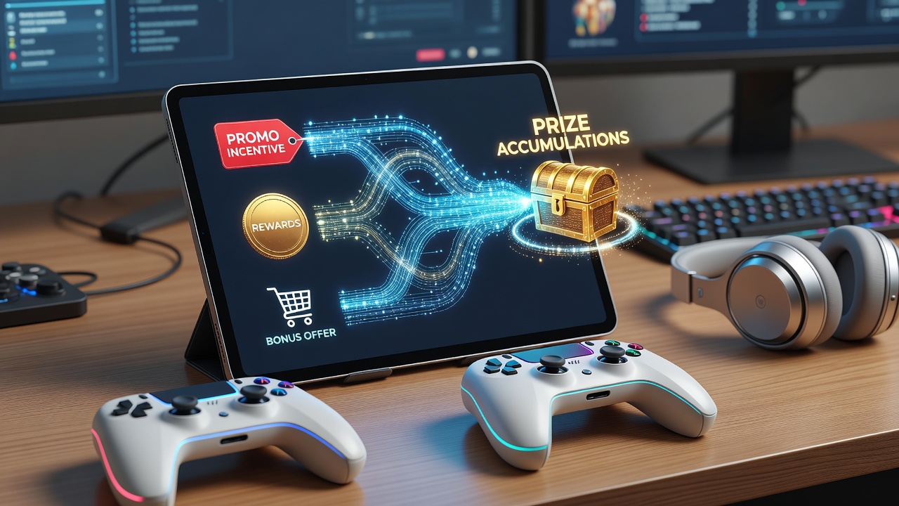 Diagram of mobile gaming reward accumulation process showing links from promotions to prize pools