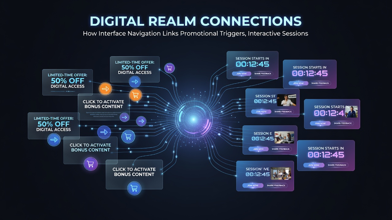 Portable device screen displaying linked promotional triggers, live session metrics, and user recognition tiers side by side