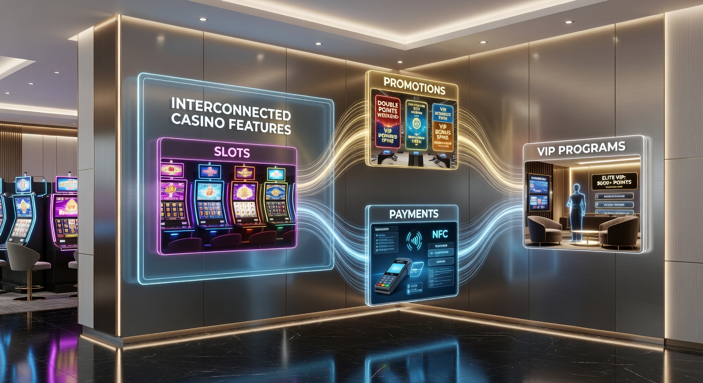 Vibrant casino lobby interface displaying interconnected slots, promotions, payment options, and VIP tiers on a digital screen
