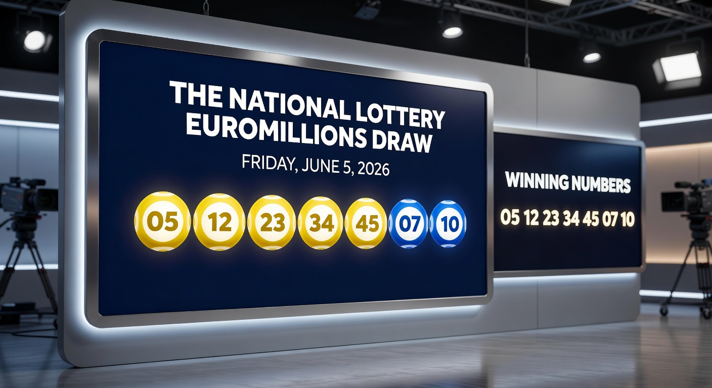Close-up of EuroMillions winning lottery ticket showing numbers 12, 14, 27, 44, 50 and Lucky Stars 4, 12, with jackpot amount displayed prominently