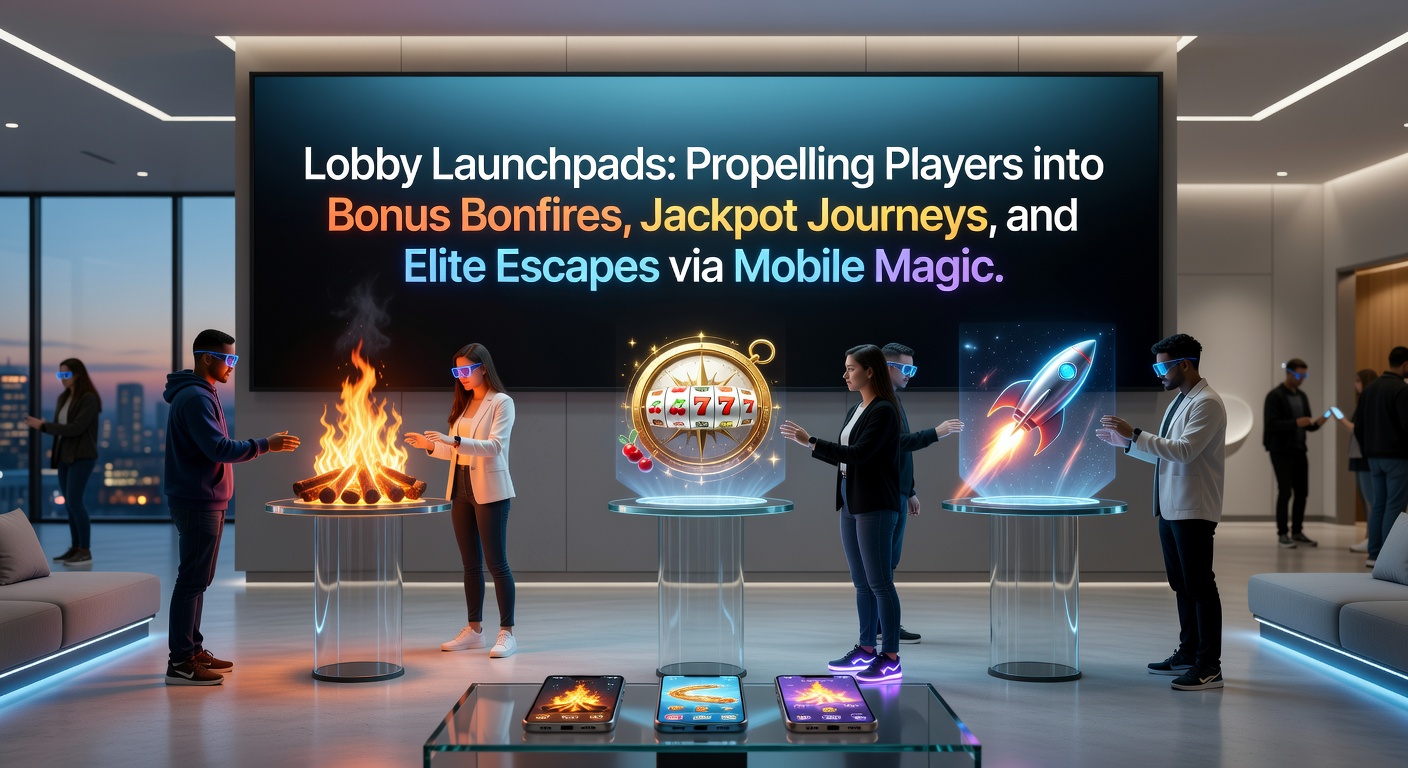 Vibrant mobile casino lobby interface displaying bonus promotions, jackpot counters, and VIP entry points on a smartphone screen