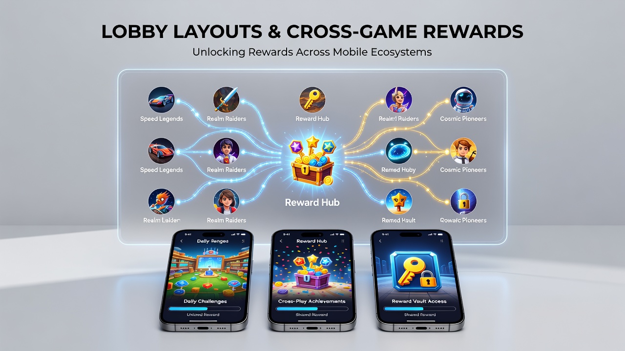 Close-up view of a mobile app lobby with integrated reward dashboard connecting slot and live table sections