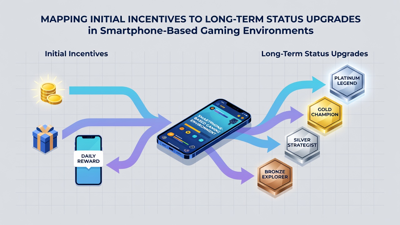 Mobile device showing long-term player profile with upgraded status badges, loyalty meters, and achievement timelines in a gaming app