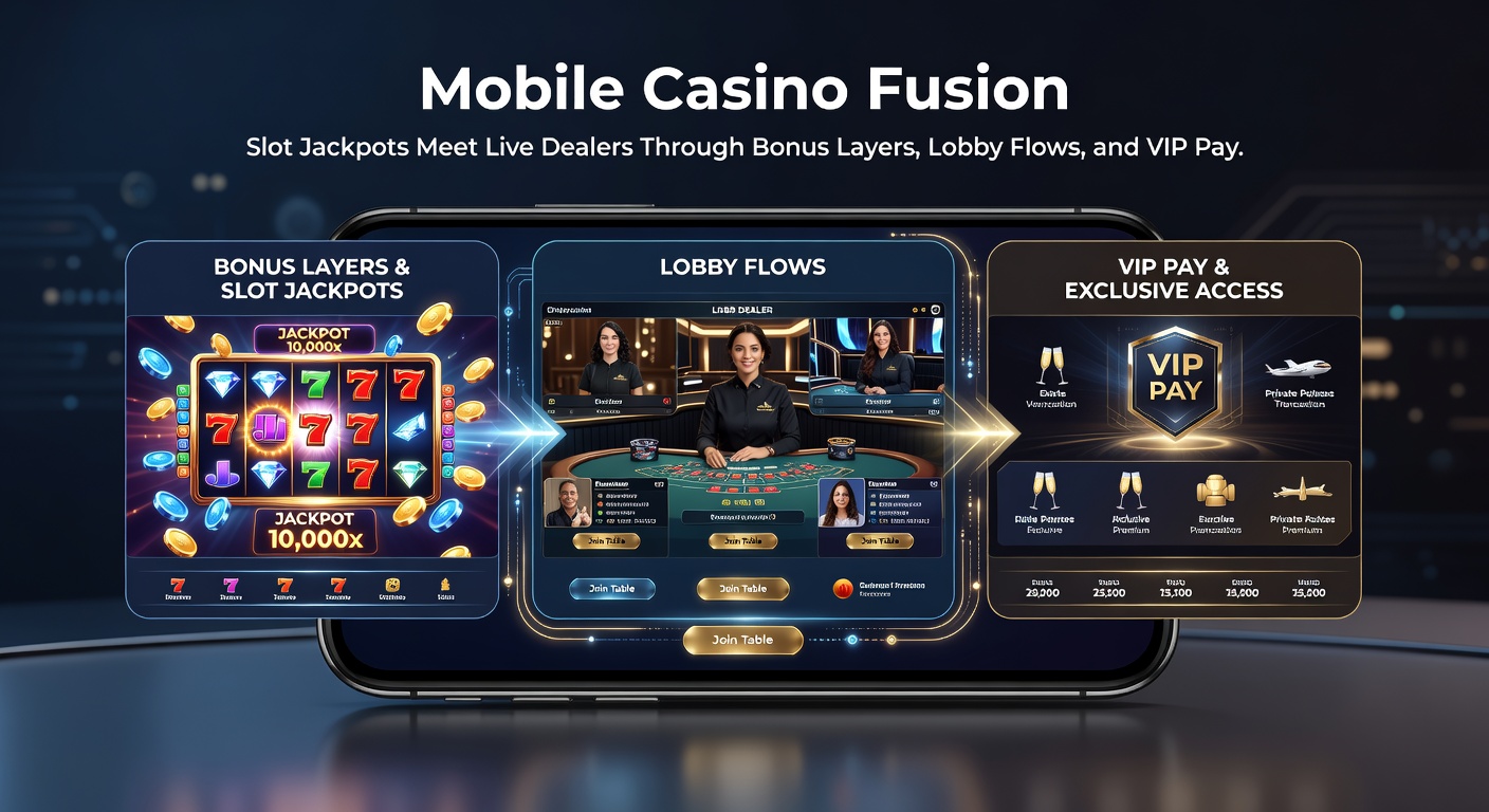 Close-up of a mobile lobby screen displaying interconnected slot jackpots, live dealer icons, bonus pop-ups, and VIP payment options flowing together