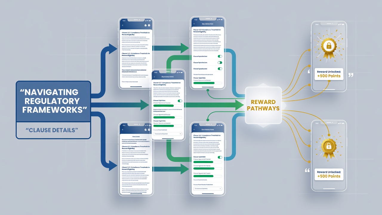 Interactive table interface with regulatory overlay showing clause-driven reward flows