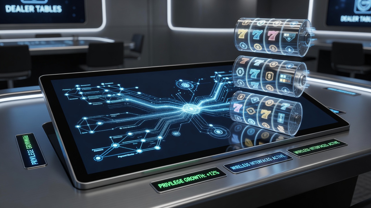 Wireless casino interfaces showing payment routing and dealer table connections