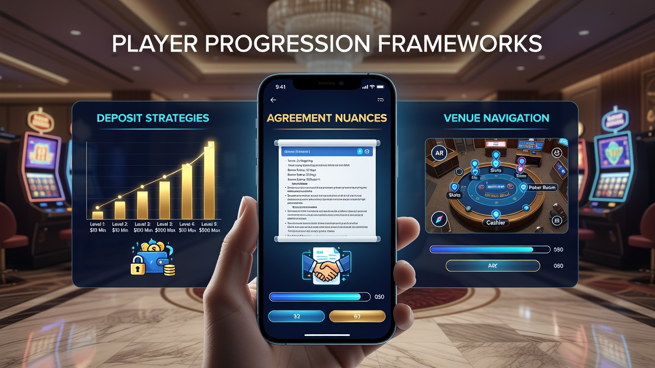 Mobile casino app interface showing player progression dashboard with deposit options and navigation menus