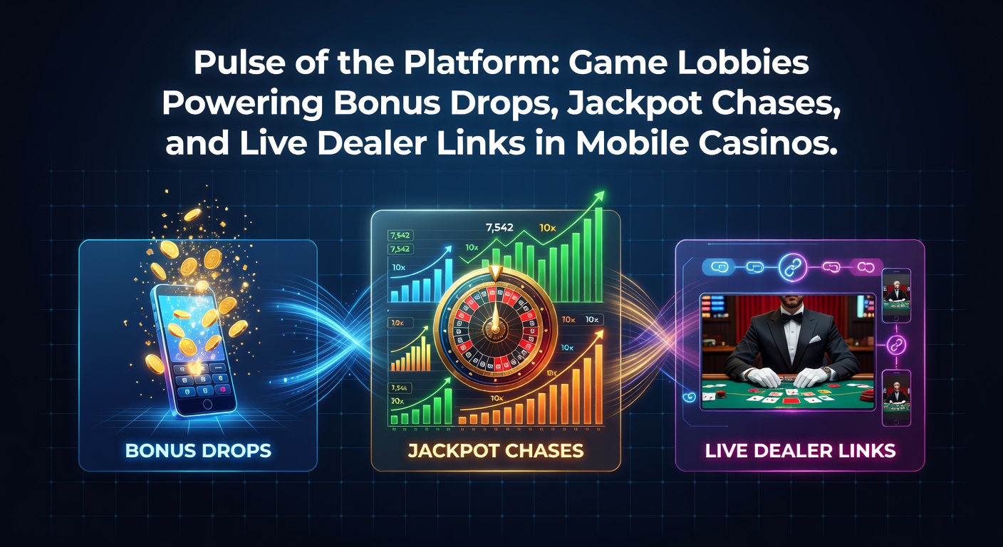 Vibrant mobile casino game lobby interface displaying slots, jackpots, and live dealer thumbnails with bonus notifications pulsing on screen
