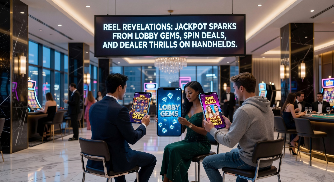 Dynamic close-up of a handheld screen showing live blackjack dealer interacting with players, alongside jackpot slot reels spinning wildly with gem symbols exploding