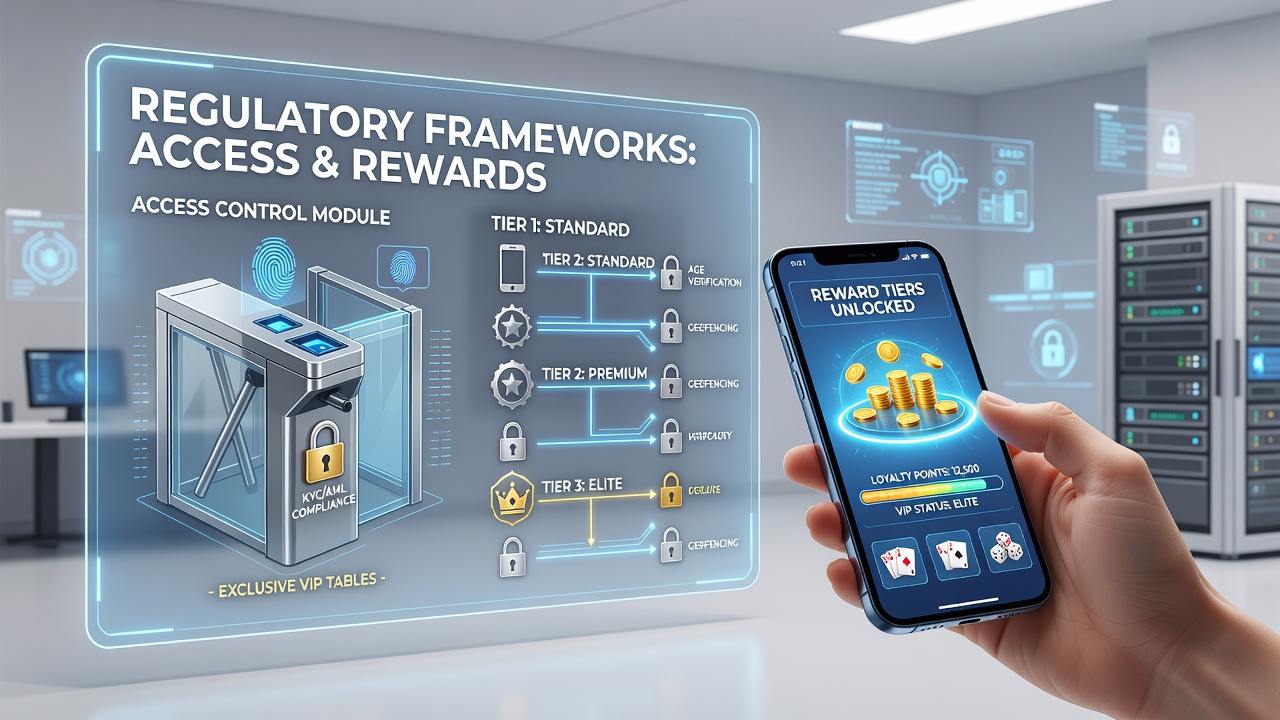 Regulatory compliance dashboard showing access controls for exclusive tables in mobile gaming