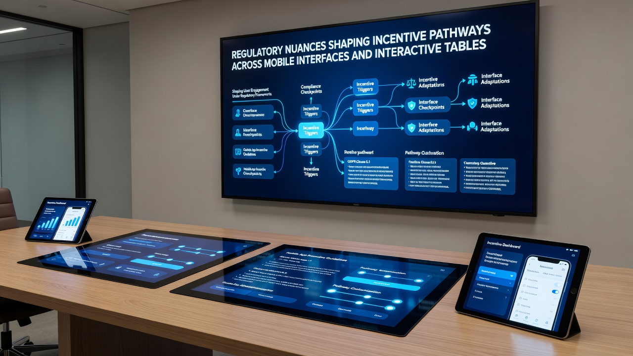 Compliance dashboards monitoring incentive pathways on mobile screens and interactive table terminals