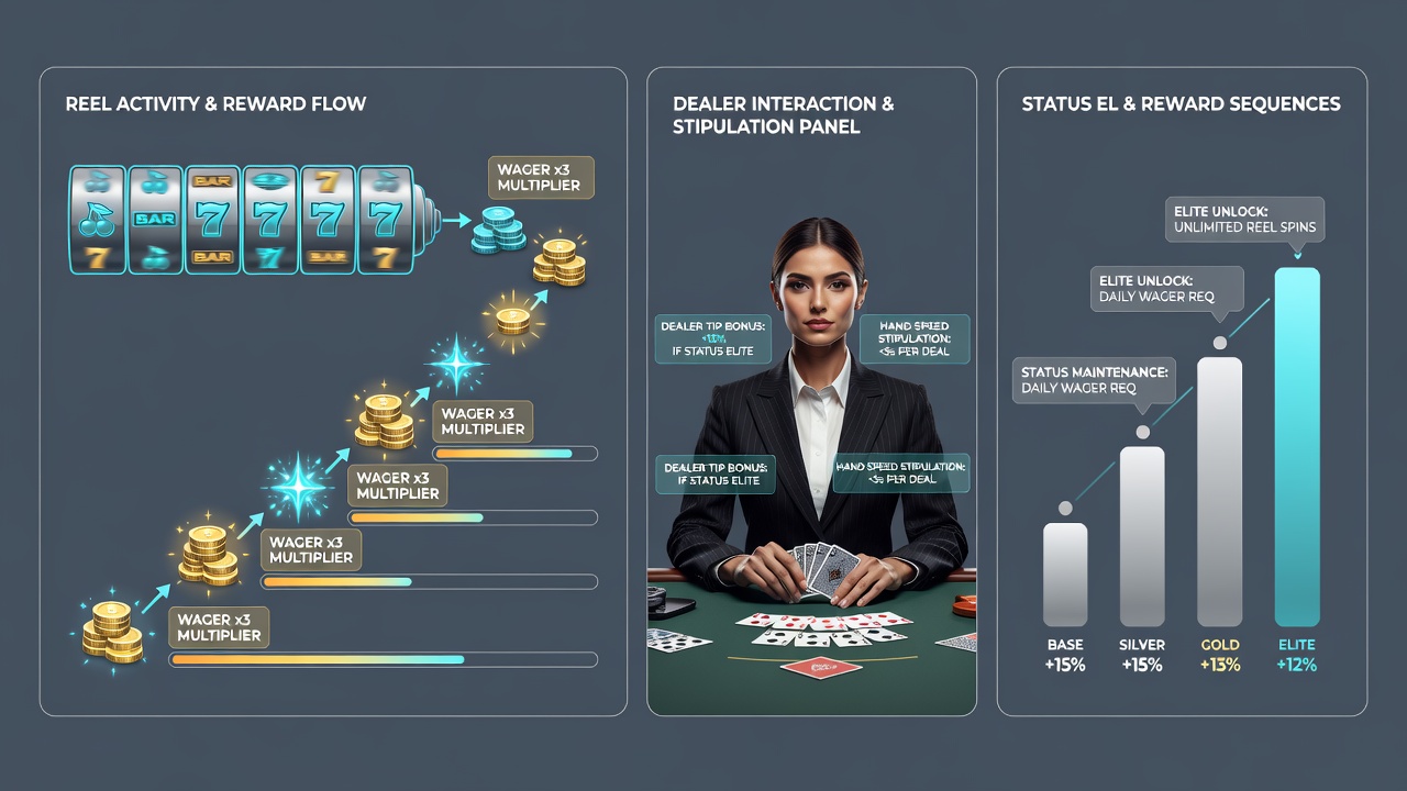 Live dealer table on mobile screen showing status elevation progress alongside active bonus terms and conditions overlay