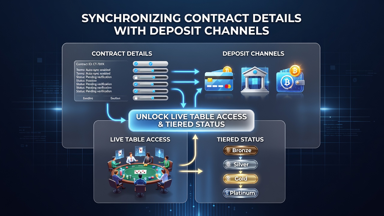 Diagram showing synchronization process between deposits and contracts for tiered status in mobile platforms