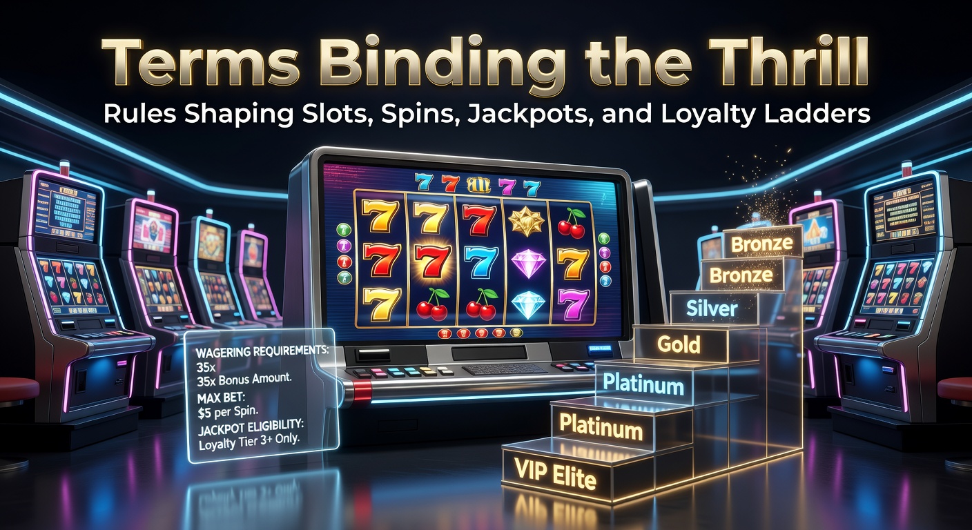 Vibrant slot machine reels spinning with overlaid contract icons symbolizing binding terms and conditions