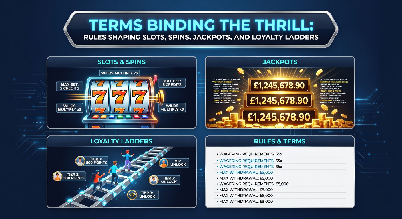 Progressive jackpot meter climbing amid loyalty tier badges and rulebook pages, illustrating interconnected casino rewards