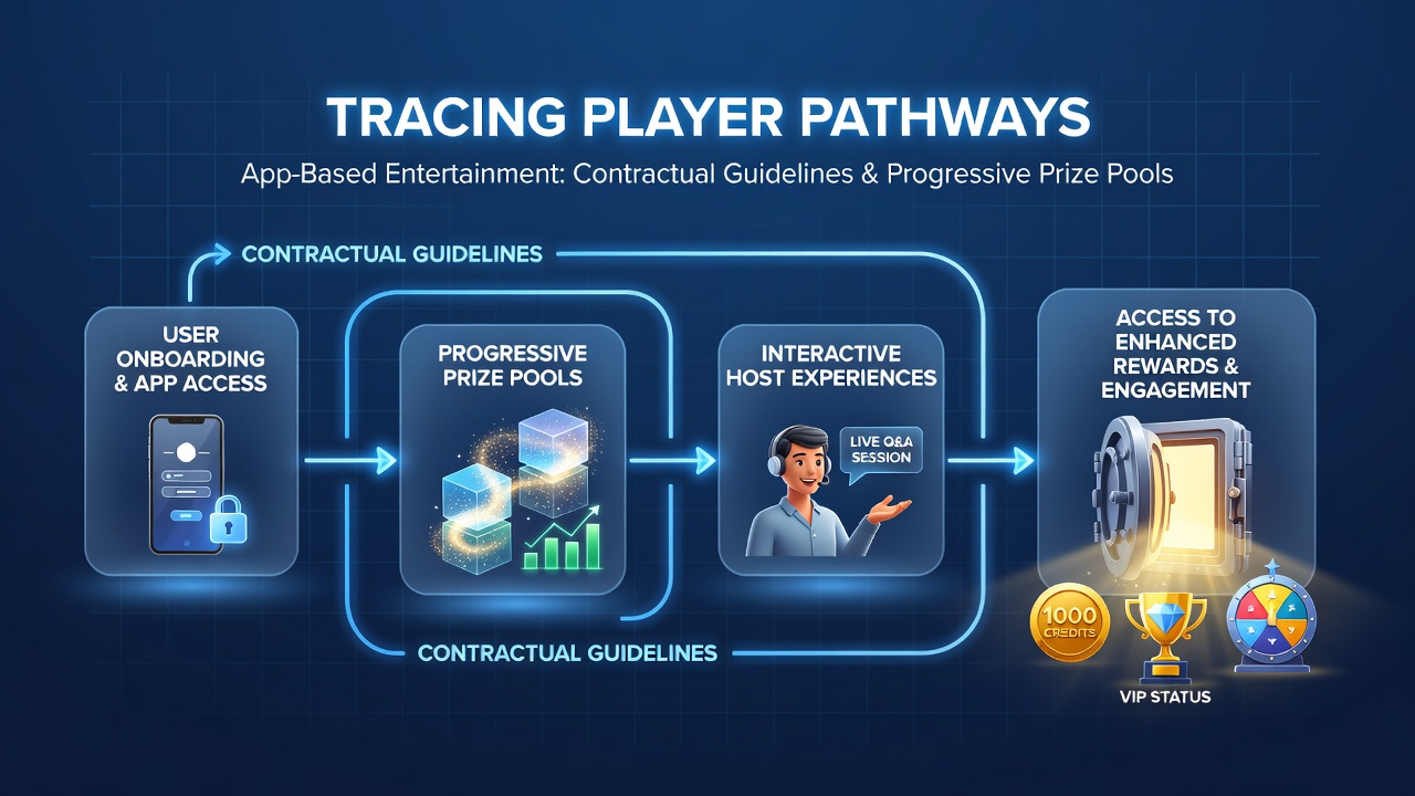 Diagram showing player navigation routes through app interfaces with highlighted contractual checkpoints leading to prize pools