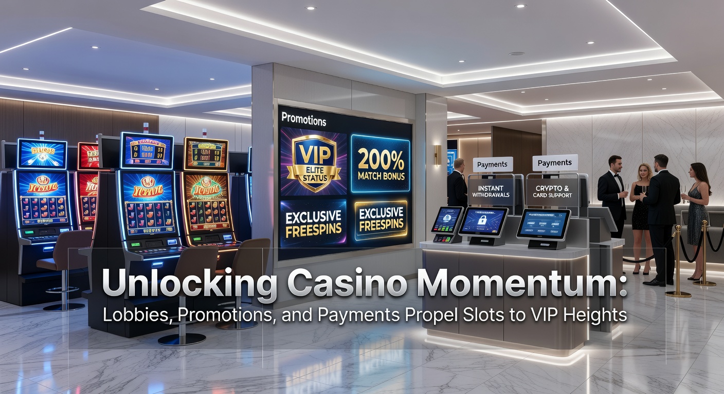 Dynamic slot reels spinning with promotional overlays, VIP badge icons, and payment gateway symbols illustrating momentum build-up